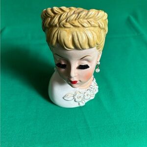 Vintage Rubens lady head vase 1959  braided hair white flower dress pearl earrin